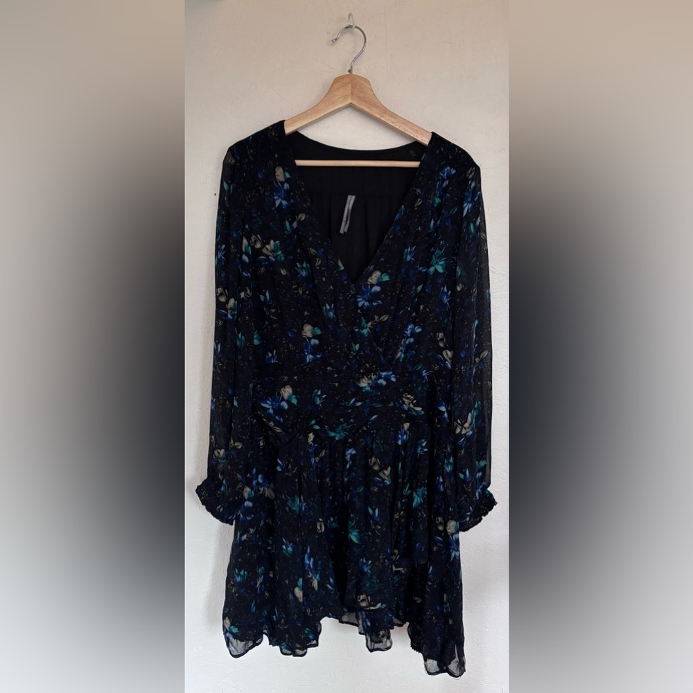 Anthropologie Blue Floral Long Sleeve V Neck Ruched Flowy Mini Boho Dress - Picture 6 of 14